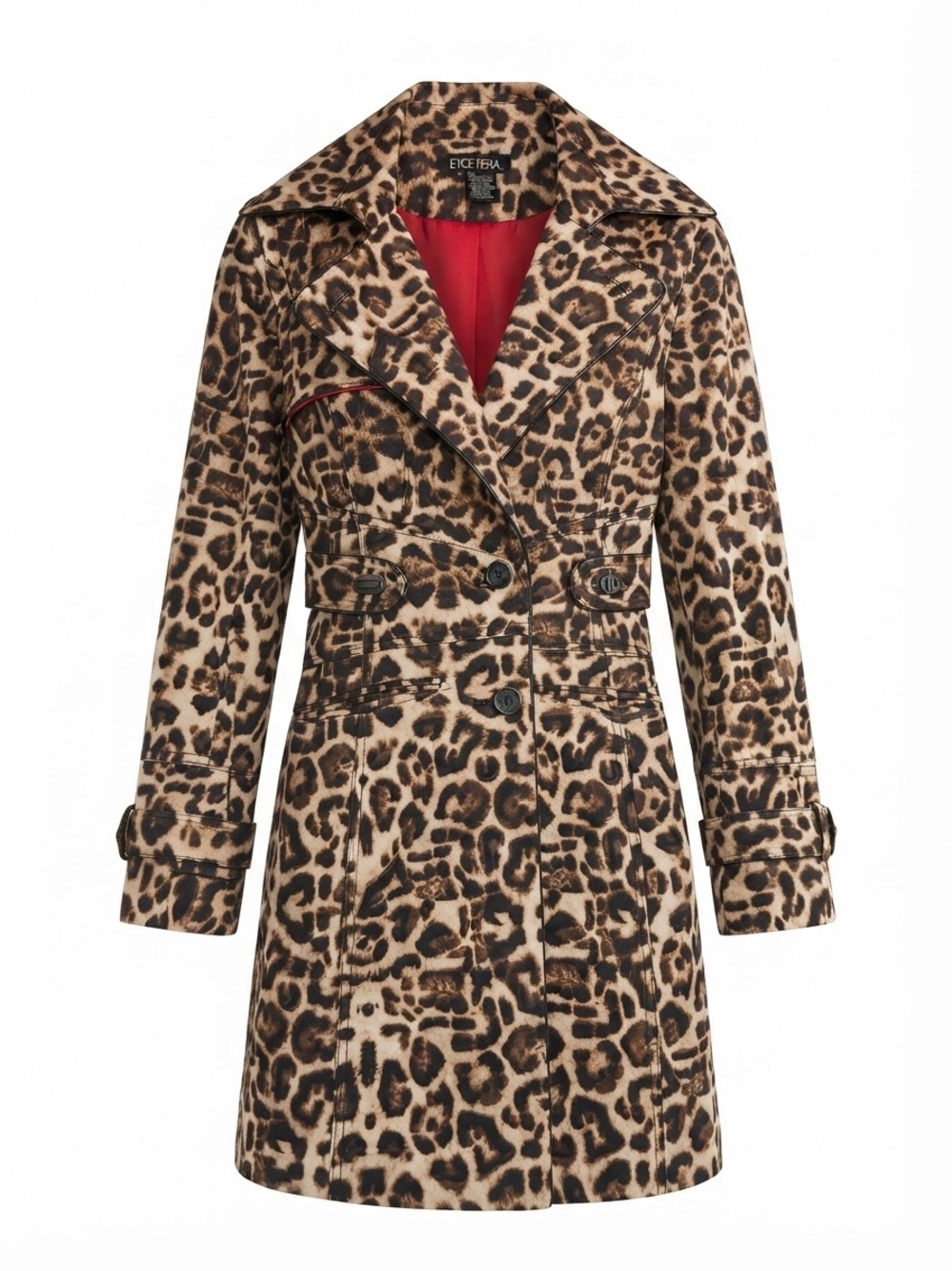 Etcetera Leopard Print Trench Coat Bold Red Lining Double Breasted Size 0